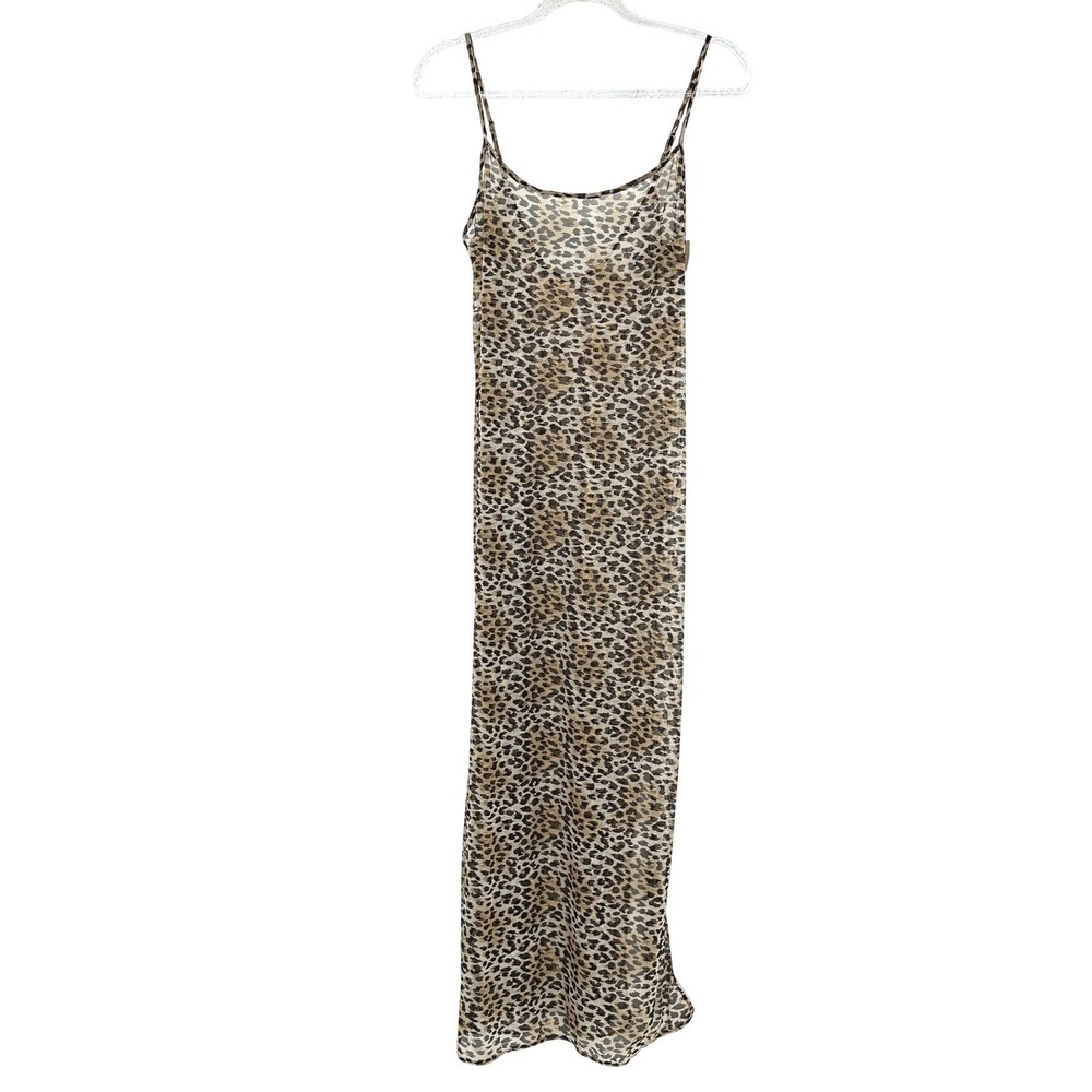 VTG Marilyn Monroe Leopard Mesh Maxi Slip Dress L Sheer Animal Print Bodycon